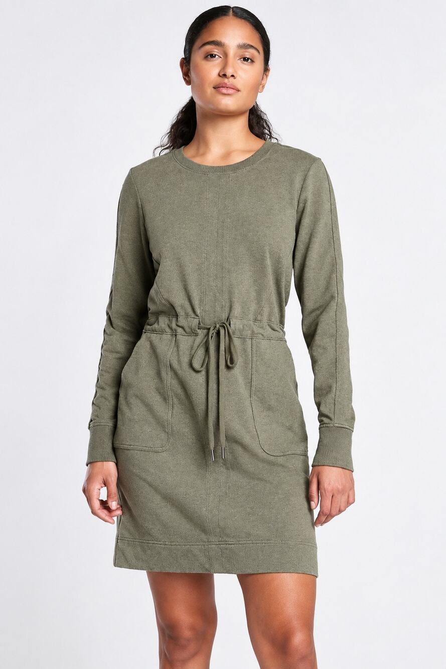 Athleta Farallon Heather Dress Olive Green Long Sleeve Drawstring Medium